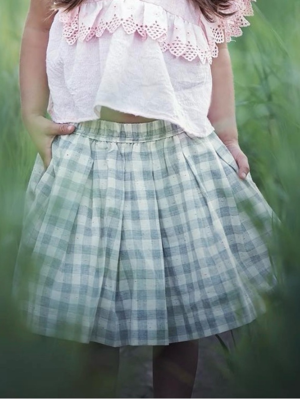 Girls' Light Blue and Cream Gingham A-Line Skirt